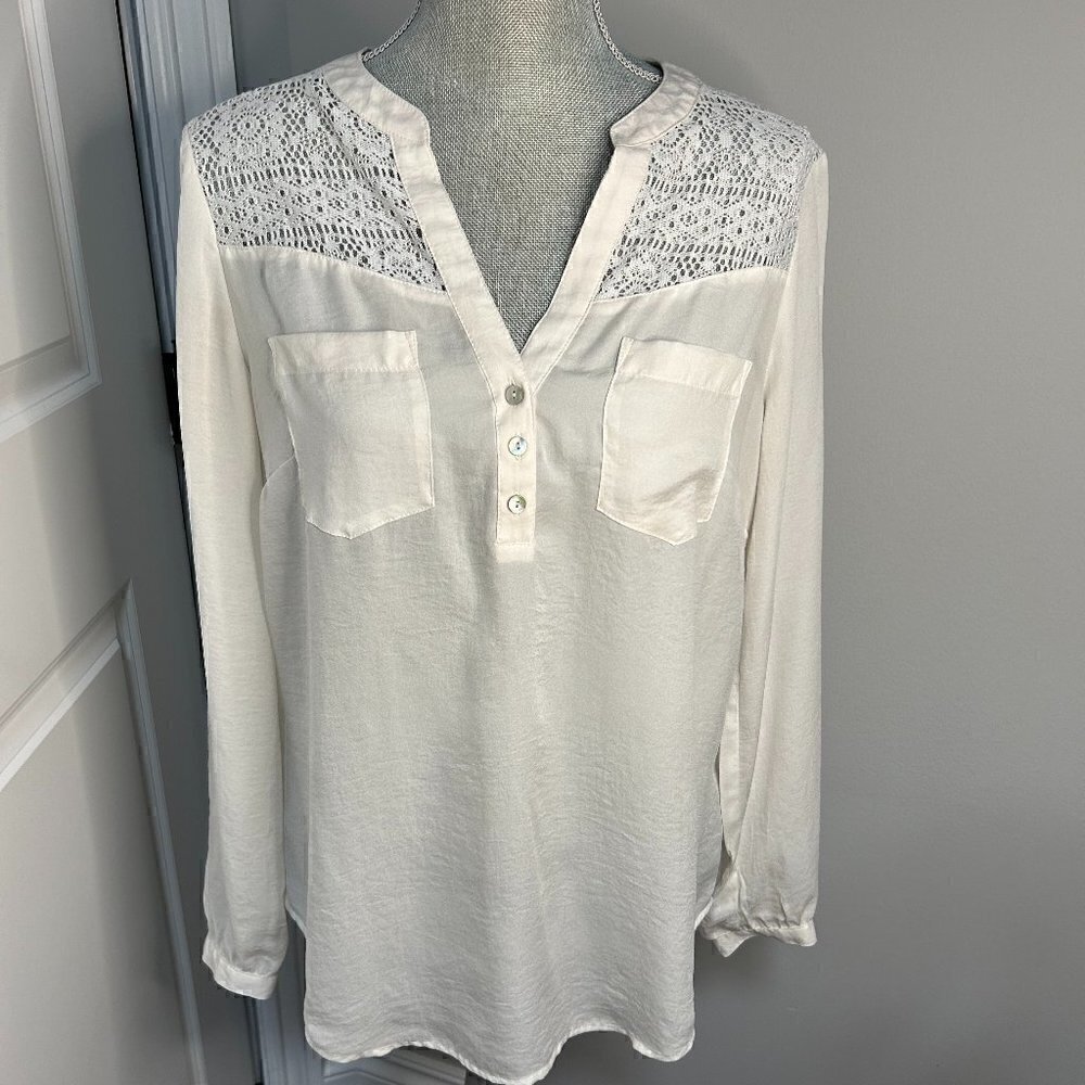 Express Off White Silky Top with Lace Detail Size M EUC